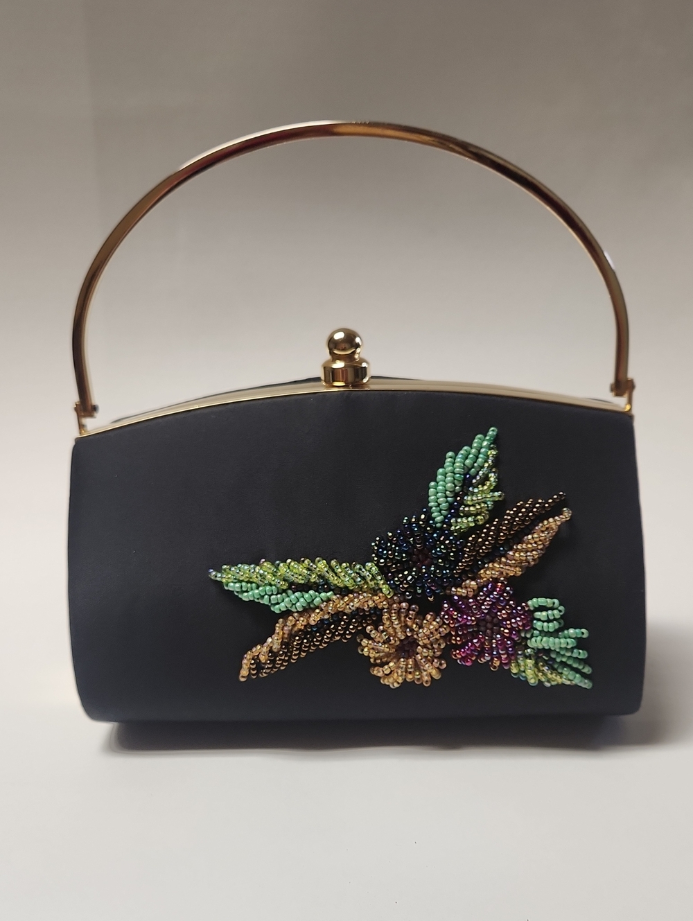 Black Beaded Floral Evening Clutch with Gold Handle